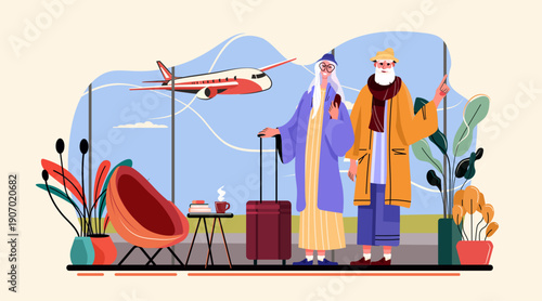 Active seniors traveling airport elderly couple luggage airplane waiting lounge plants modern colorful interior window travel concept