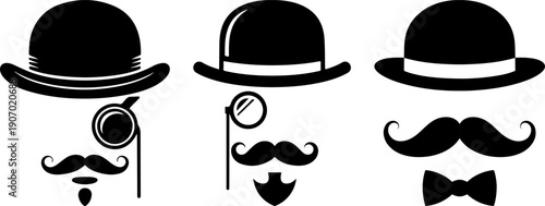 Gentleman accessories set with bowler hat, mustache, monocle, and bowtie icons for barber shop and vintage fashion.
Keywords: