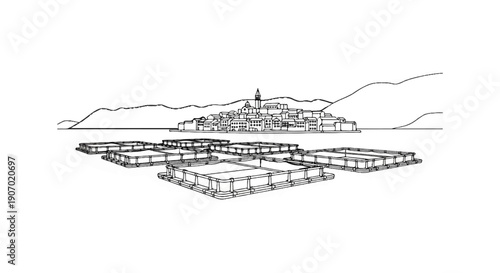Sketch of a coastal town with tiered aquaculture farms in the foreground