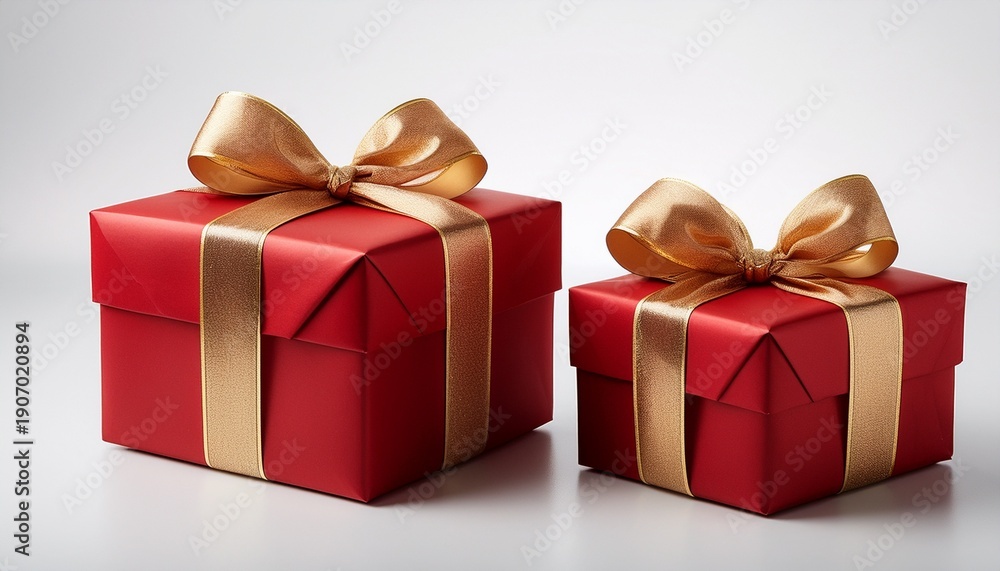 Fototapeta premium Two Red Gift Boxes With Gold Ribbon Bows On White Background