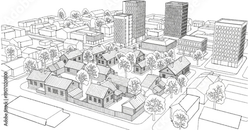 Sketch of a diverse urban landscape with old houses and modern skyscrapers