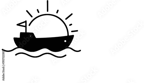 Silhouette of a boat sailing on waves under a rising sun