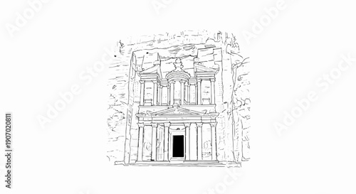 Sketch of a grand ancient facade carved into a rocky cliff