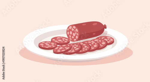 Sliced salami and a whole piece arranged on a white plate
