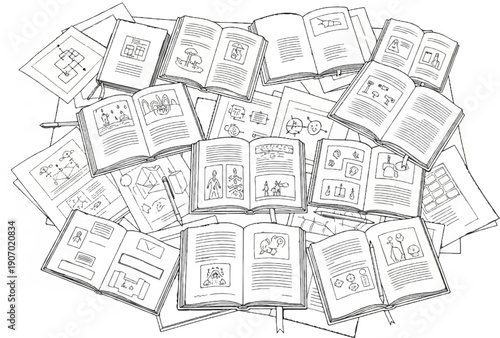 Scattered open books and papers with hand-drawn illustrations and diagrams