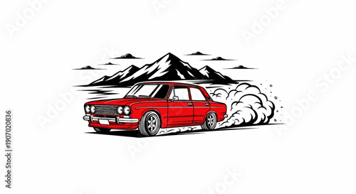 Red vintage car drifting with smoke against mountains and sky