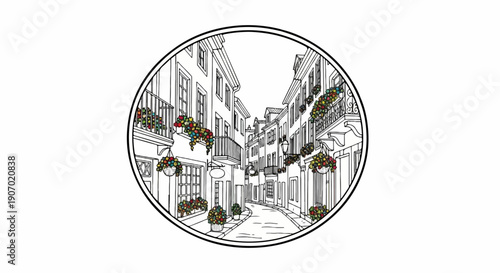 Scenic cobblestone street lined with colorful flower baskets, European charm