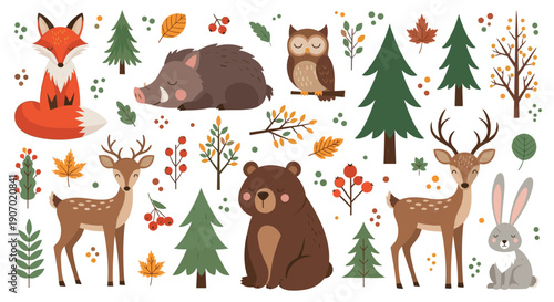 Charming set of woodland animals and forest elements including fox bear deer rabbit and owl in a soft flat design style.