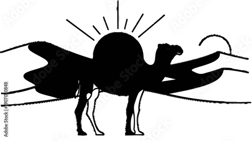 Silhouette of a camel with wings against a setting sun and dunes