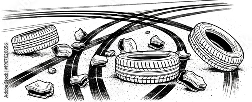 Scattered tires and debris on a track with tire marks