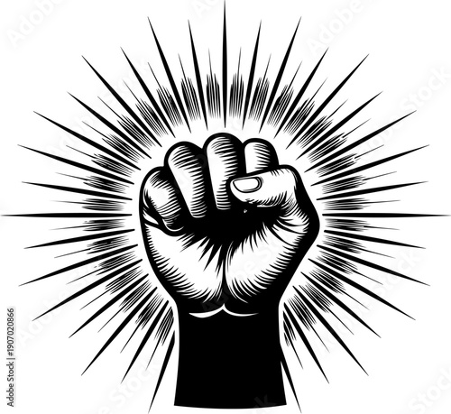 Raised Fist with Sunburst Lines Power Revolution and Freedom Symbol Vector