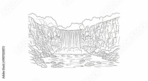 Scenic waterfall cascading into a rocky river basin surrounded by cliffs