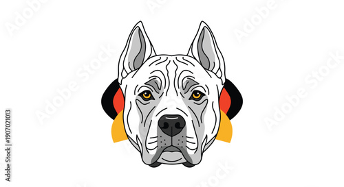 Detailed head portrait of a powerful white dog with sharp ears and intense eyes set against the colors of the German flag.