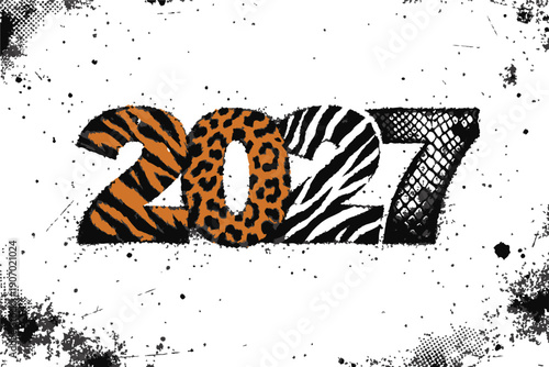  Bold 2027 numerals showcase four distinct animal-textured fillings—tiger, leopard, zebra, and snakeskin—on a gritty grunge backdrop, conveying fashion-forward creativity