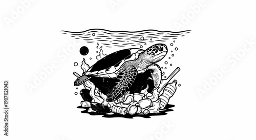 Sea turtle swims amidst plastic pollution in polluted ocean waters