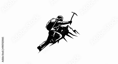 Silhouette of a climber scaling a jagged mountain peak with an ice axe