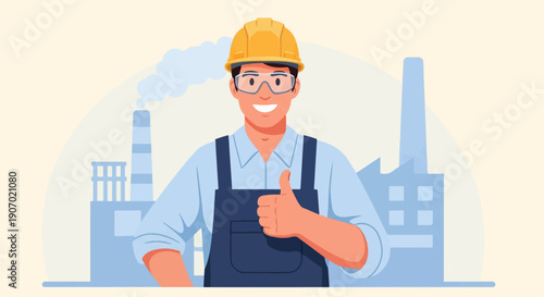 Smiling worker in hard hat and safety glasses gives thumbs up, factory background