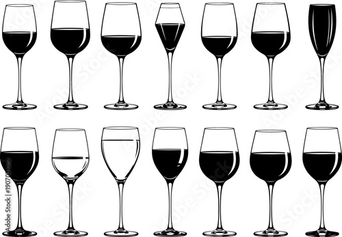 Set of crystal wine glasses with red and white alcohol liquid isolated for a restaurant bar celebration