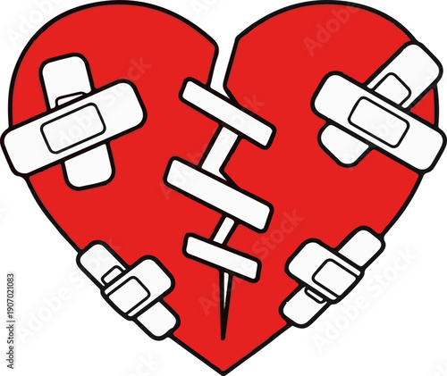 Red heart, broken and mended with white bandages