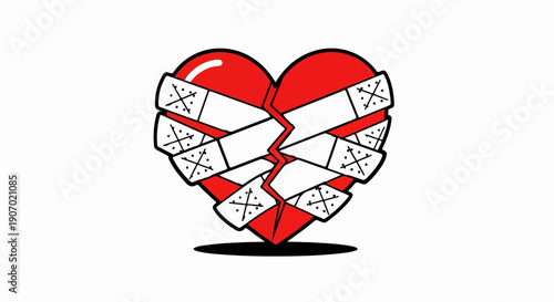 Red heart, cracked and bandaged with white tape and cross marks