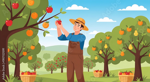 A joyful farmer carefully picks ripe, red apples from a healthy tree in a sunny orchard, showcasing the essence of a bountiful harvest and sustainable farm work