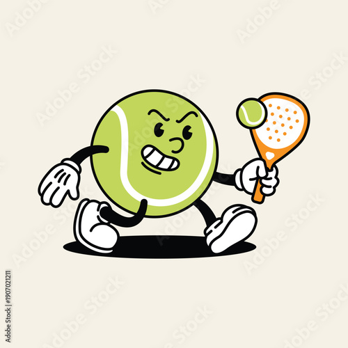 A vintage cartoon tennis ball character with arms and legs, holding a tennis racket and ball, appears to be playing tennis. Padel Paddle Retro Mascot Character.