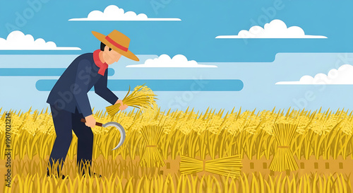 A dedicated farmer performs the essential wheat harvest, embodying traditional farming methods and agricultural livelihood in a bountiful field