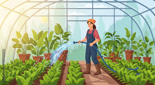 A farmer watering plants in a greenhouse, nurturing a lush garden with dedication and care