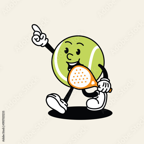 A cheerful, anthropomorphic tennis ball character with arms and legs, wearing shoes and holding a small racquet, pointing with its other hand. Padel Paddle Retro Mascot Character.