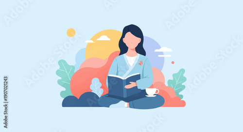 Serene illustration of a person in a traditional robe reading a book outdoors