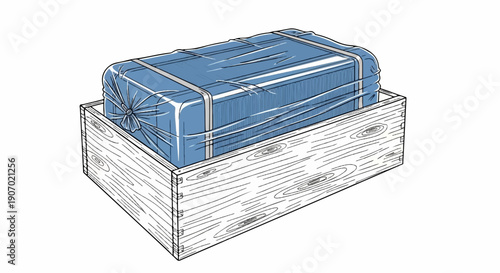 Rectangular object wrapped in plastic, secured with bands, inside wooden crate
