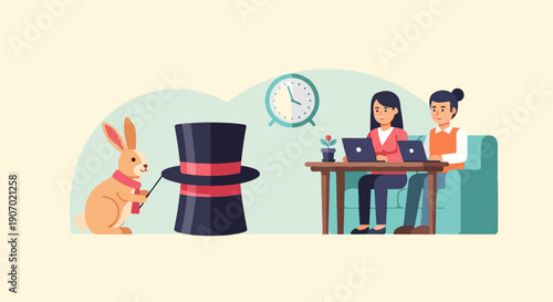 Rabbit with magic hat and two people working on laptops