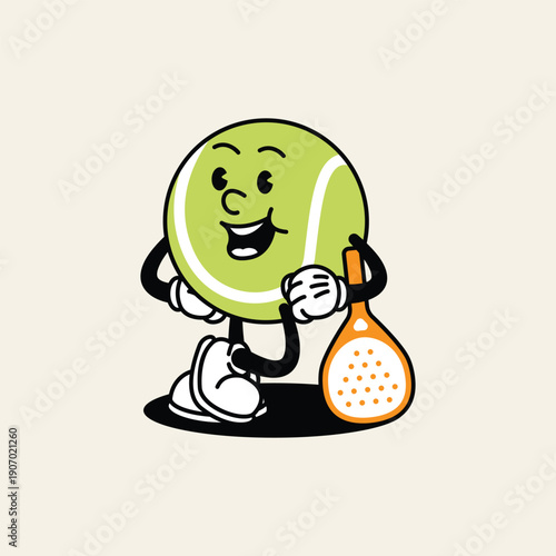 A retro-style cartoon tennis ball with arms and legs, smiling and holding a tennis racket. Padel Paddle Retro Mascot Character.