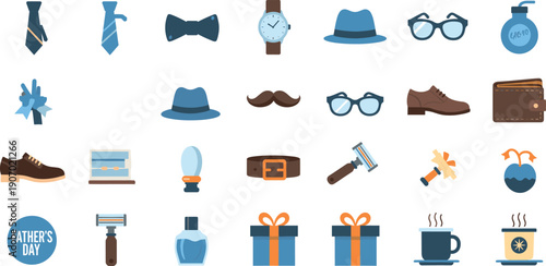 Father’s Day icon set featuring men’s accessories, grooming items, gifts, clothing, coffee, and celebration symbols for holiday greetings in flat vector style
