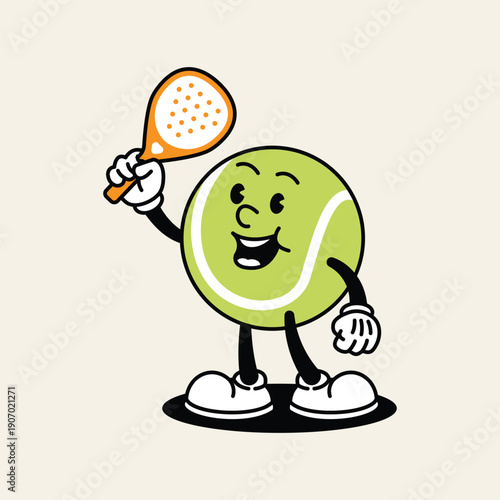 A cheerful cartoon tennis ball character with arms and legs, holding a tennis racket above its head. Padel Paddle Retro Mascot Character.