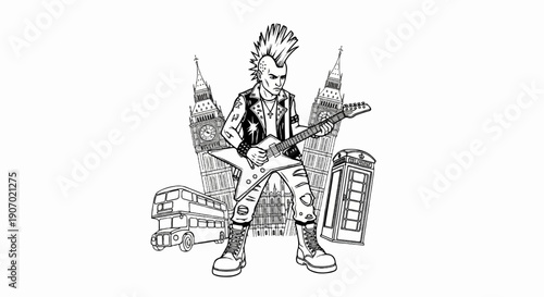 Punk rocker with guitar and iconic London landmarks in a sketch style