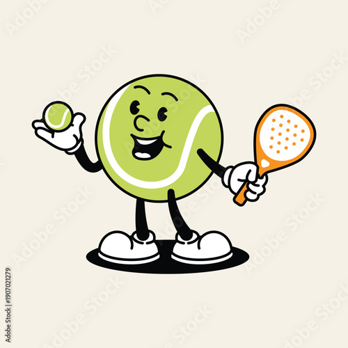 A cheerful, anthropomorphic tennis ball character with arms and legs, holding a tennis racquet and a small ball, ready to play. Padel Paddle Retro Mascot Character.