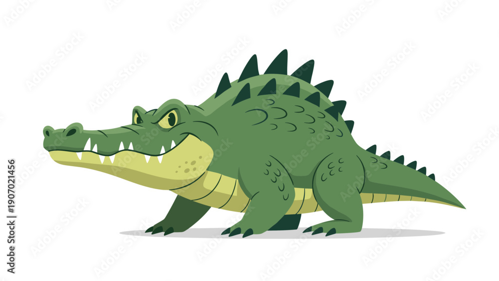 Fototapeta premium Fierce green crocodile with sharp teeth and spiky scales walks across a plain background in this detailed animal illustration.