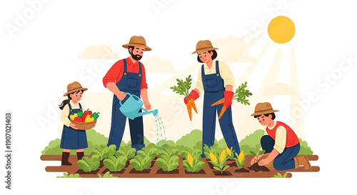 Family working together in a sunny vegetable garden, cultivating fresh produce under a bright sky