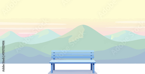 Serene mountains and a solitary bench under a pastel sky