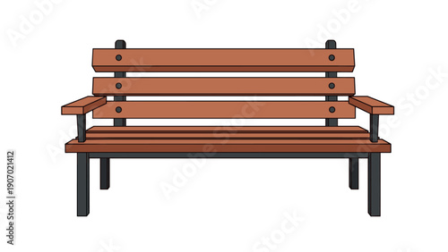 Isometric wooden park bench with armrests on white background