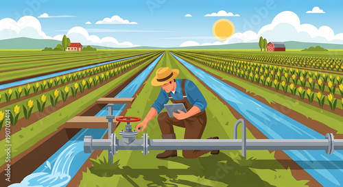 A diligent farmer manages a modern irrigation system, ensuring efficient water distribution for vibrant crop fields under the bright sun, embodying sustainable agriculture and food security