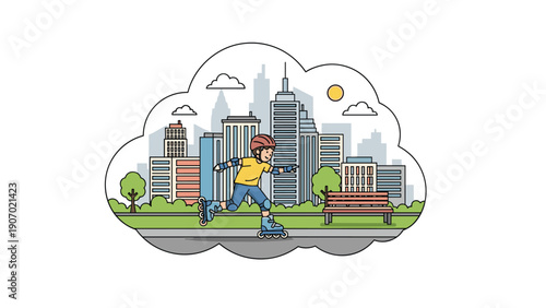 Active boy wearing a helmet and pads goes rollerblading along a park path with a cityscape of tall buildings in the background.
