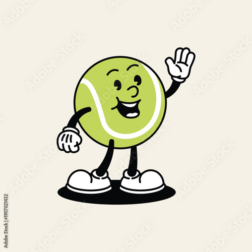 A vintage cartoon tennis ball character with arms and legs is waving its hand in a friendly greeting. Padel Paddle Retro Mascot Character.
