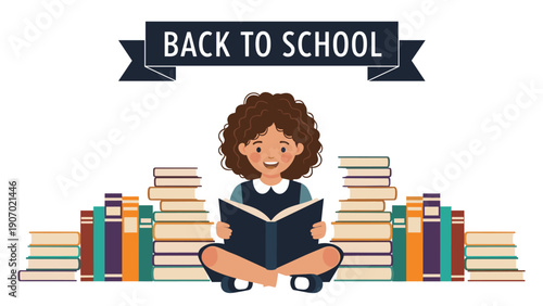 Young girl with curly hair sits cross legged while reading a book between tall stacks of books under a back to school banner.