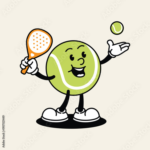 A cheerful cartoon tennis ball character holding a paddle and juggling another ball, representing sports and fun. Padel Paddle Retro Mascot Character.