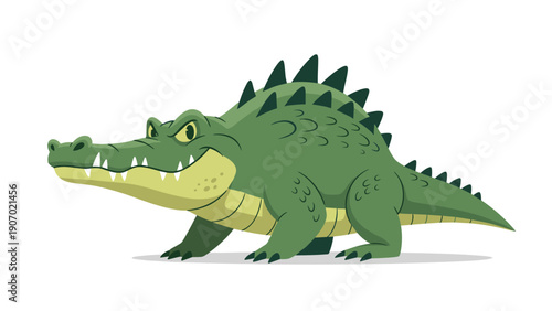 Fierce green crocodile with sharp teeth and spiky scales walks across a plain background in this detailed animal illustration.