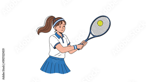 Energetic young girl with a ponytail swings a tennis racket to hit a yellow ball in this dynamic sports illustration.