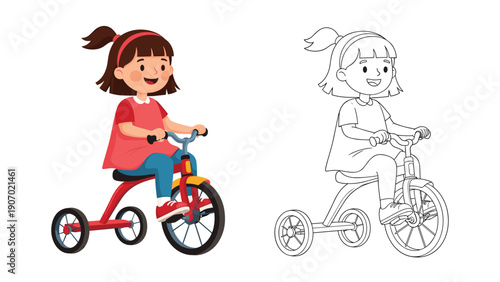 Playful girl rides her red tricycle in two versions including a colorful illustration and a simple line art coloring page.