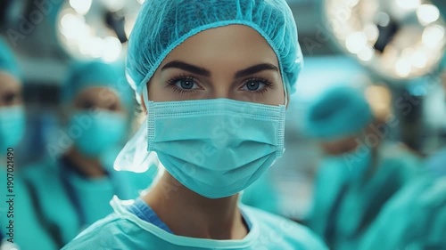 Focused Surgeon: A close-up view of a surgeon with determined eyes, masked and gowned, standing amidst a team in a sterile operating room, ready to perform life-saving work.